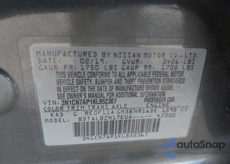 2019 Nissan Versa 1.6 Sv from USA, damaged, VIN 3N1CN7AP1KL852367
